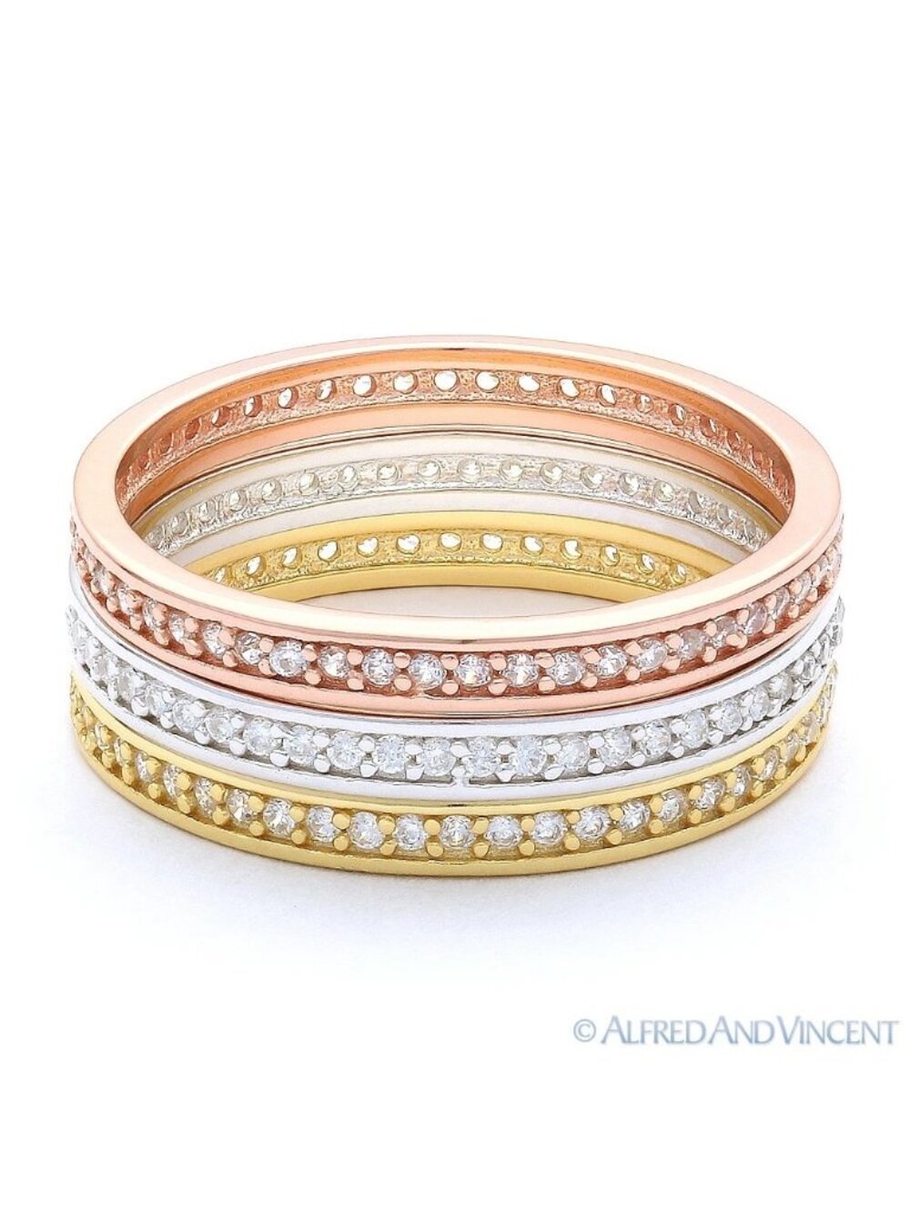 Cubic Zirconia CZ Crystal Stackable Bands in Tri-Tone .925 Sterling Silver - 5